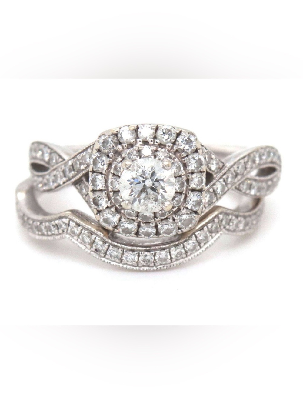 Neil Lane 14K White Gold Diamond Cushion Double Halo Bridal Wedding Ring Set